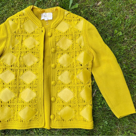 1960s Vintage Sammy Wong wool crochet leather patchwork cardigan sweater jacket - Picture 1 of 15